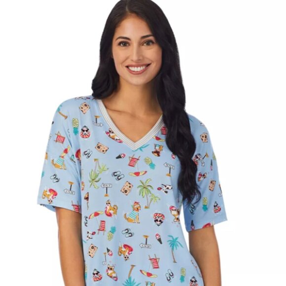 Cuddl Duds Soft Comfy V-neck Lounge Shirt Size M Cute Dogs & Beach print - Picture 1 of 6